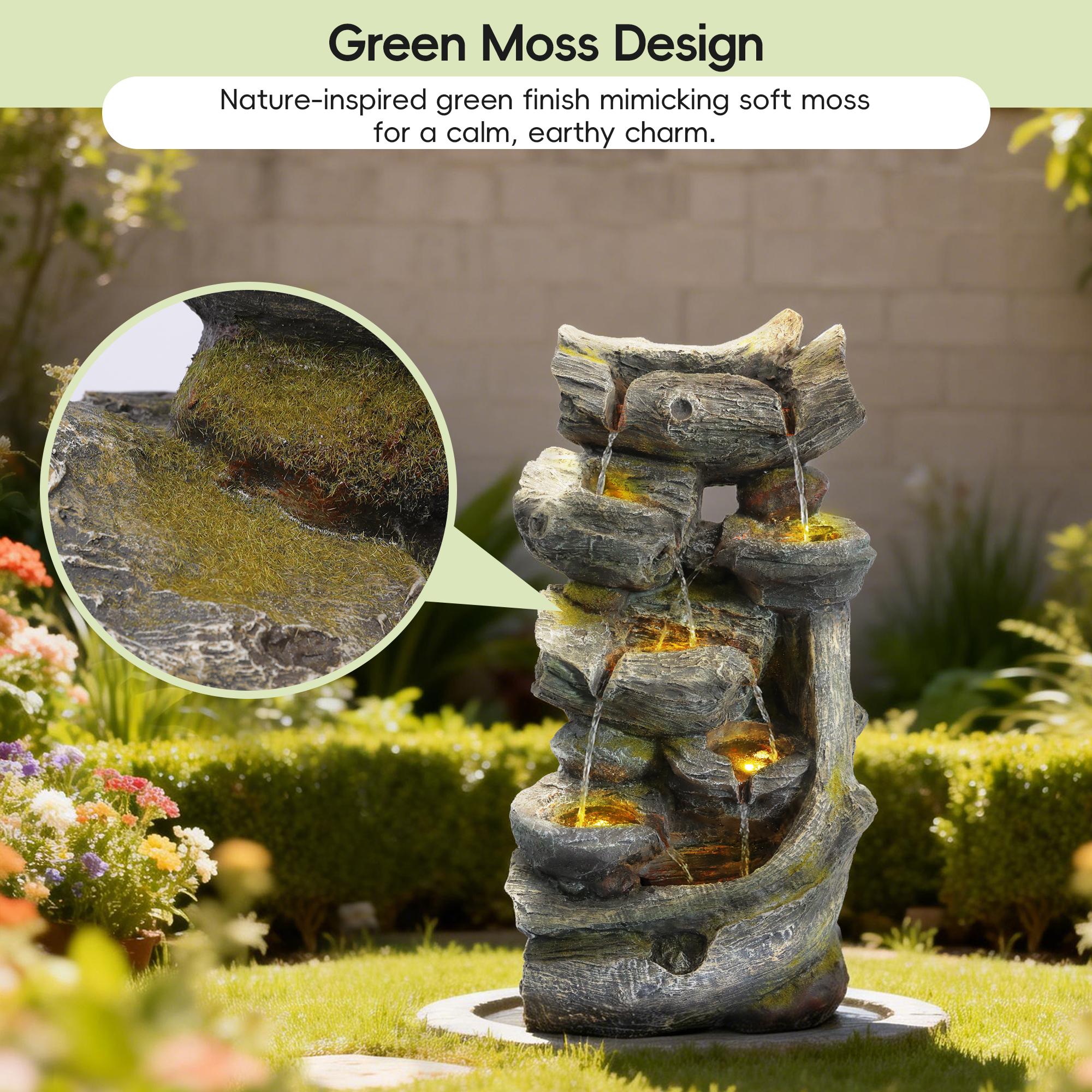 SOLVYA 7-Tier Cascading Outdoor Water Fountain with LED Lights, 23.6" H/37.2" H Moss Wood-Look Water Feature for Garden Patio Yard Decor