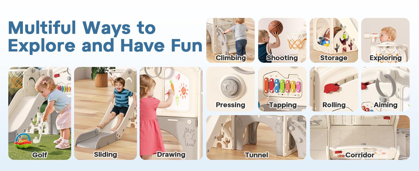 BIERUM 13-in-1 Toddler Slide Playset，Indoor & Outdoor Baby Slide with Basketball Hoop, Golf Game & Drawing Board，Cream & Gray Playground for Kids Ages 1-3