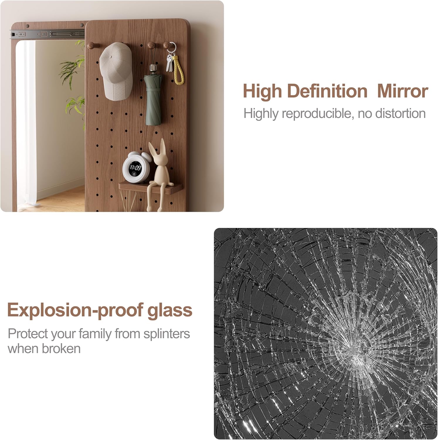 【School】Pegboard Mirror, 100% Solid Wood - No MDF, Mirror with Shelf & Hooks, Rustic Wall-Mounted Mirror with Multifunctional Panel for Bedroom, Living Room, Entryway