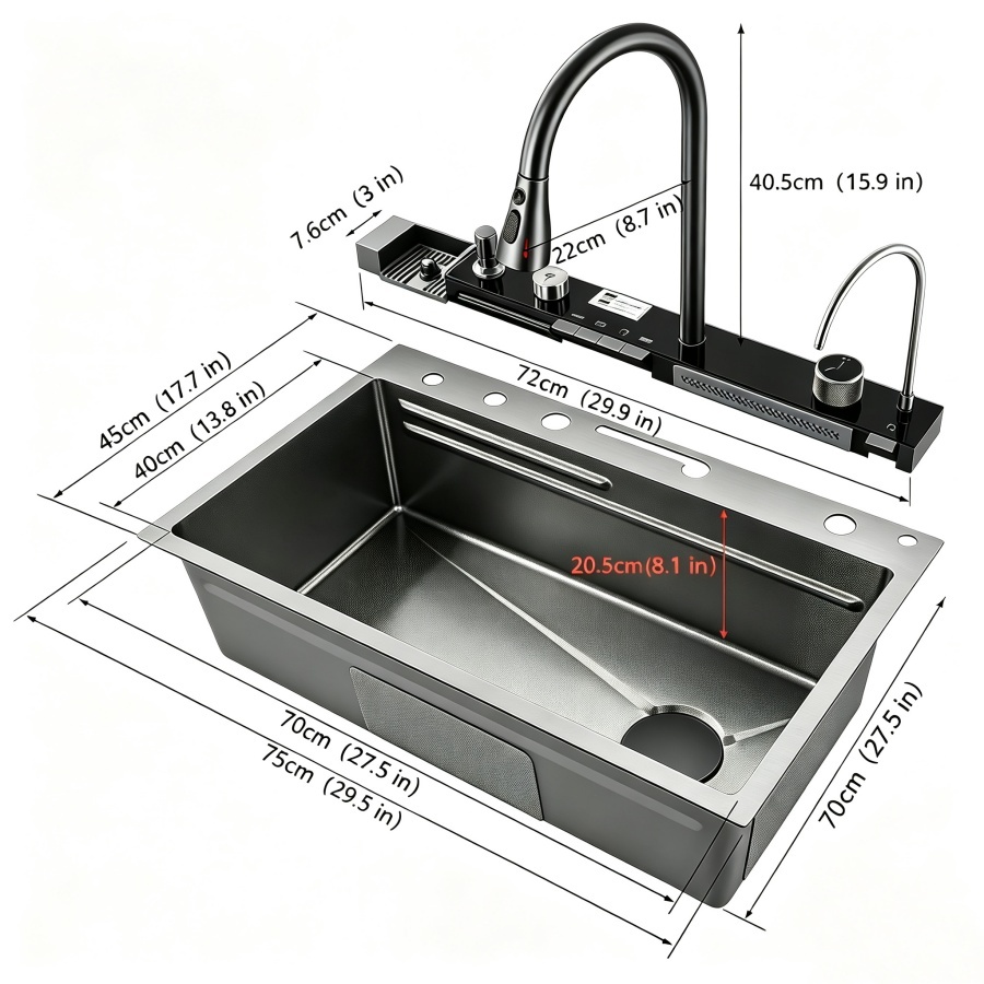 Fregadero Inteligente de Acero Inoxidable 76 cm con Accesorios
