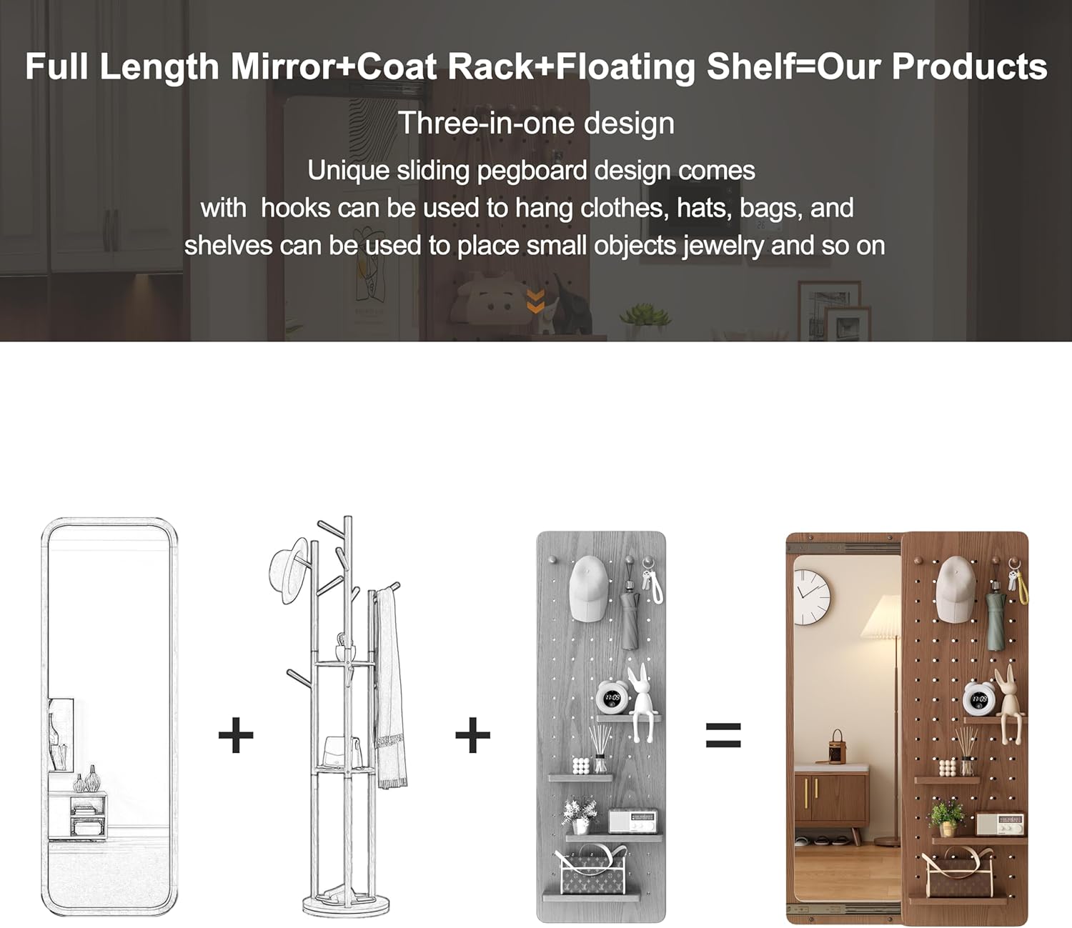 【School】Pegboard Mirror, 100% Solid Wood - No MDF, Mirror with Shelf & Hooks, Rustic Wall-Mounted Mirror with Multifunctional Panel for Bedroom, Living Room, Entryway