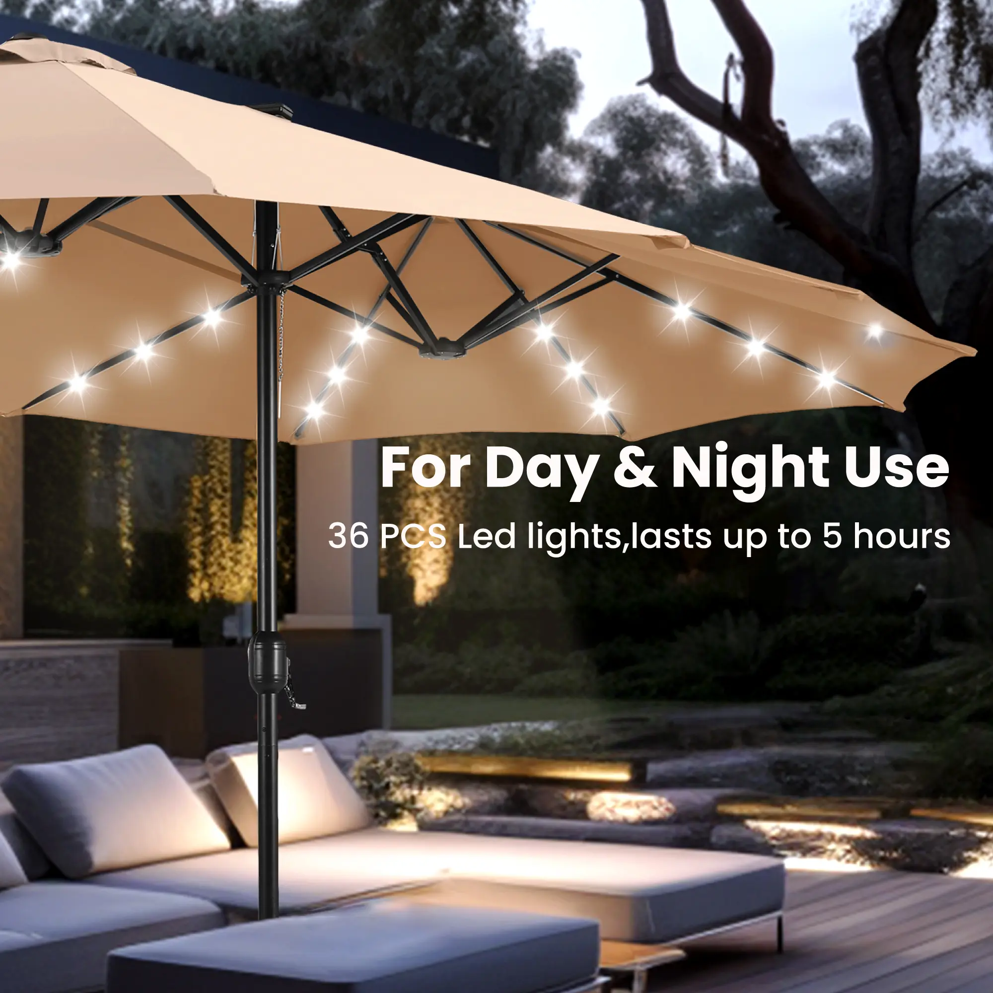Sombrilla Doble para Patio 4.6 m con Base y LED Solar