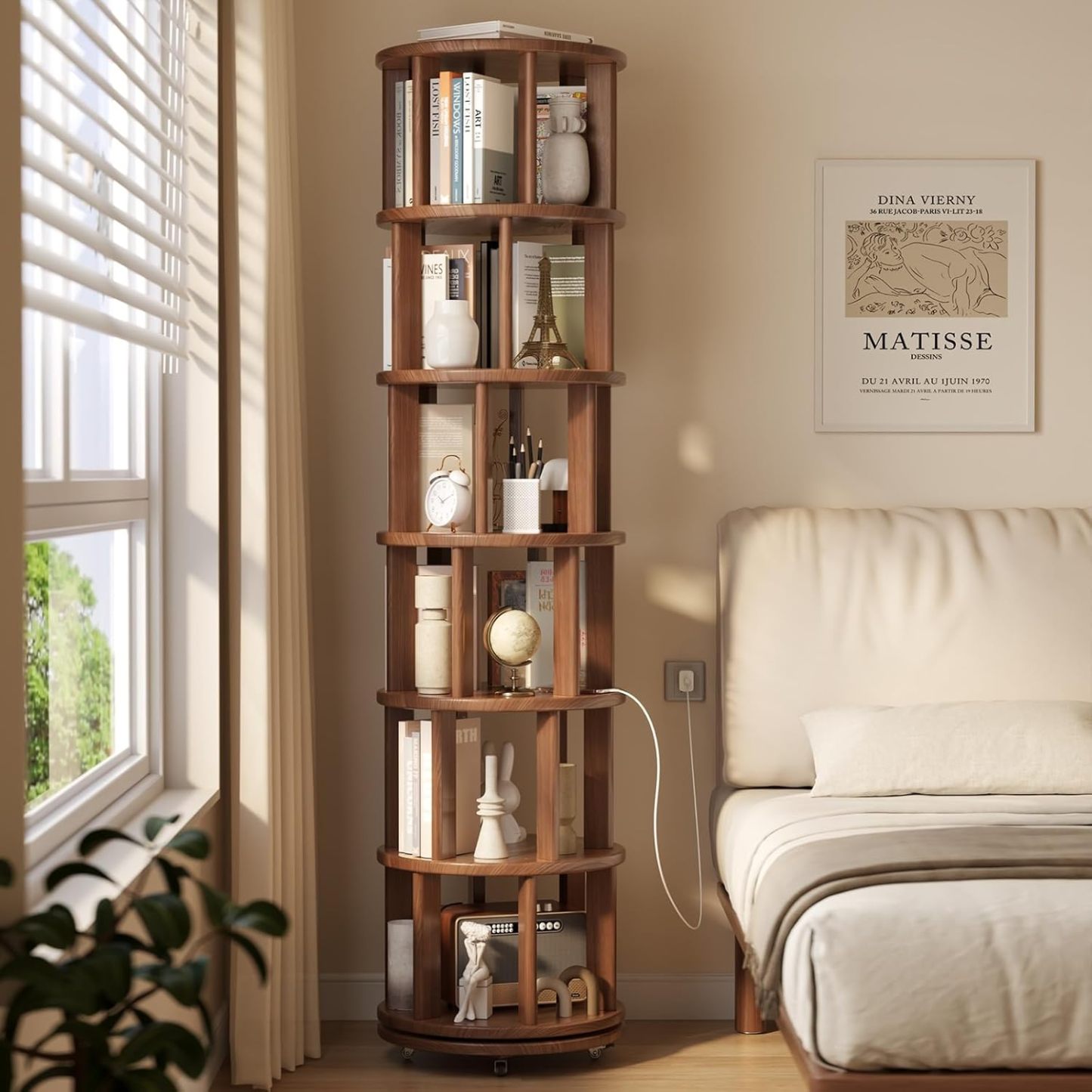 Librero giratorio de madera maciza – 6 niveles con ruedas