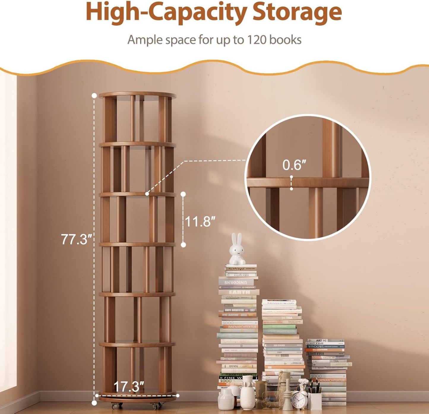 Librero giratorio de madera maciza – 6 niveles con ruedas