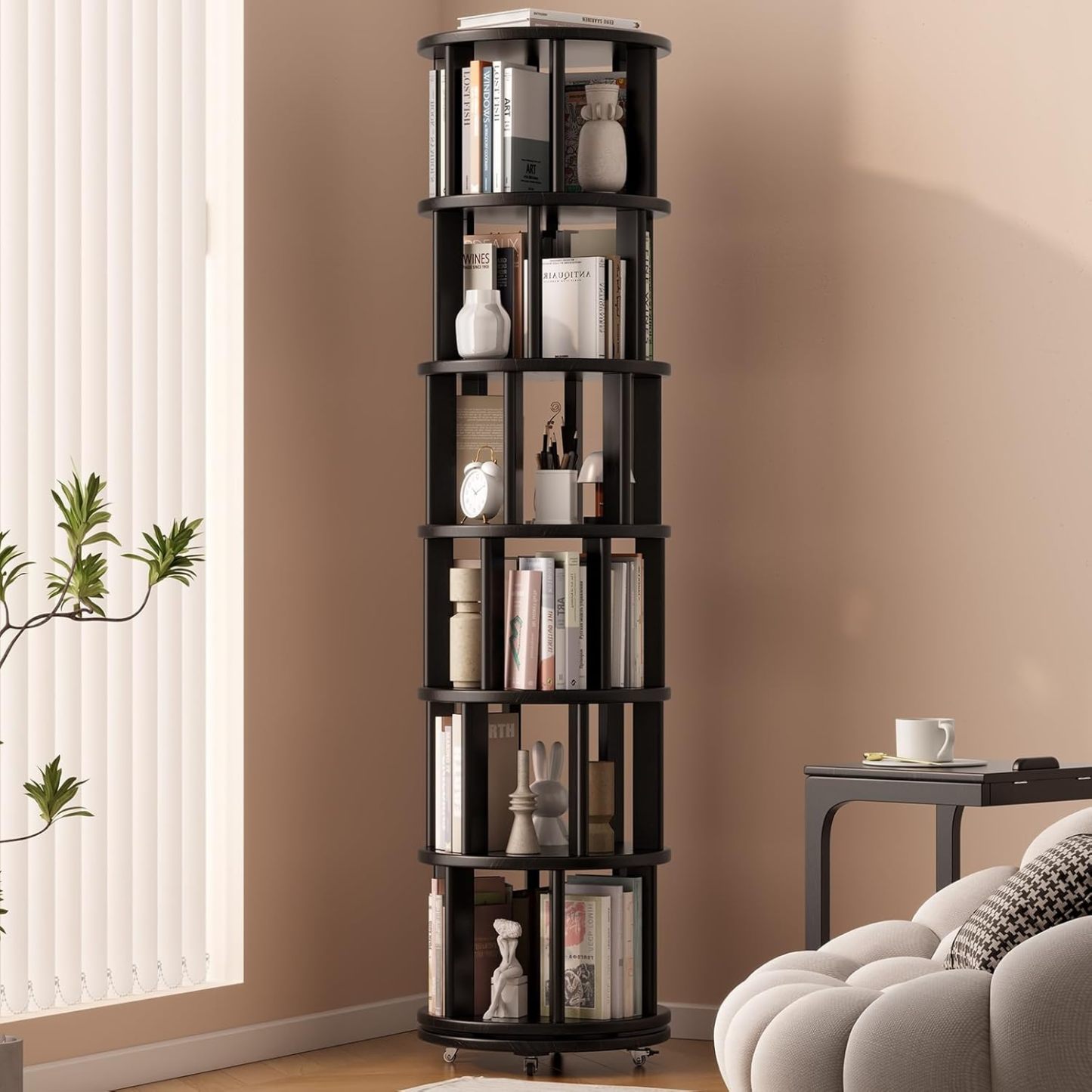 Librero giratorio de madera maciza – 6 niveles con ruedas