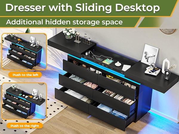 Sikaic Modern 6 Drawers Dresser with Sliding Desktop, Wide Chest of Drawers with Charging Station & LED Lights, Large Storage Tower Clothes Organizer, Dresser for Bedroom DealsForYouDays Summerwins