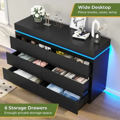 Cómoda Moderna 6 Cajones con Tablero Deslizante, LED y Carga Integrada