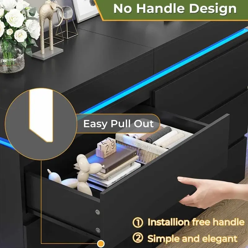 Cómoda Moderna 6 Cajones con Tablero Deslizante, LED y Carga Integrada