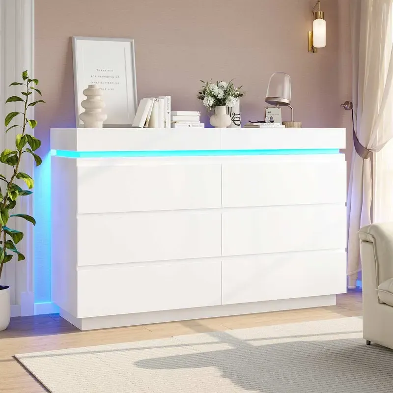Cómoda Moderna 6 Cajones con Tablero Deslizante, LED y Carga Integrada