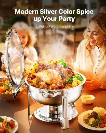 Juego de 4 Chafers Redondos 5 Qt con Tapa de Vidrio de Acero Inoxidable