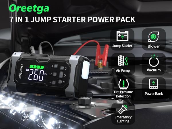 9000A Car Battery Jump Starter with Air Inflator/Deflator Compressor, 7 in 1 Portable Jumper Box Power Pack (ALL Gas/12.0L Diesel) Combo Cordless Air Pump for Tire Inflator & Large LCD Screen Portable Car