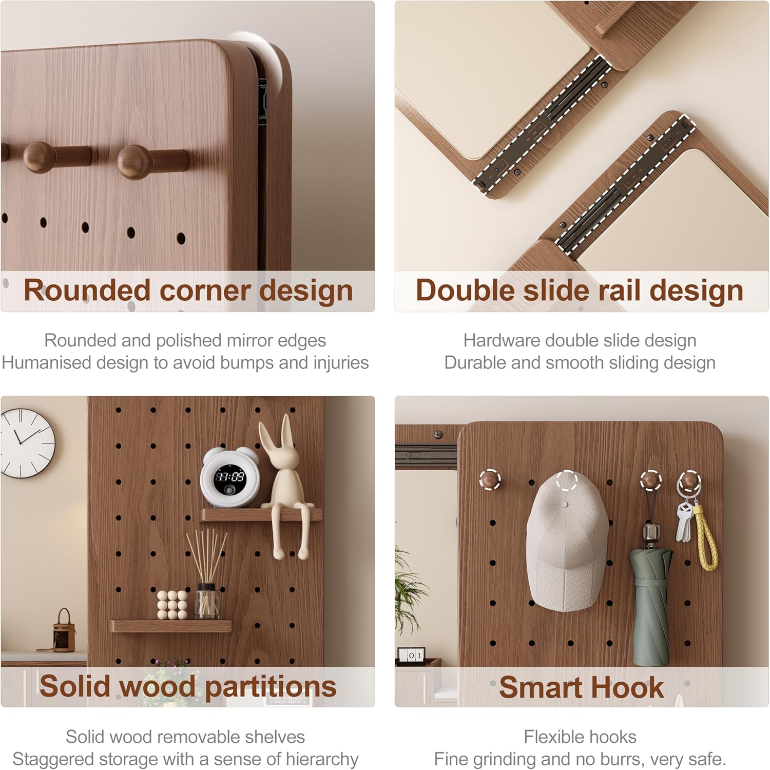 【School】Pegboard Mirror, 100% Solid Wood - No MDF, Mirror with Shelf & Hooks, Rustic Wall-Mounted Mirror with Multifunctional Panel for Bedroom, Living Room, Entryway