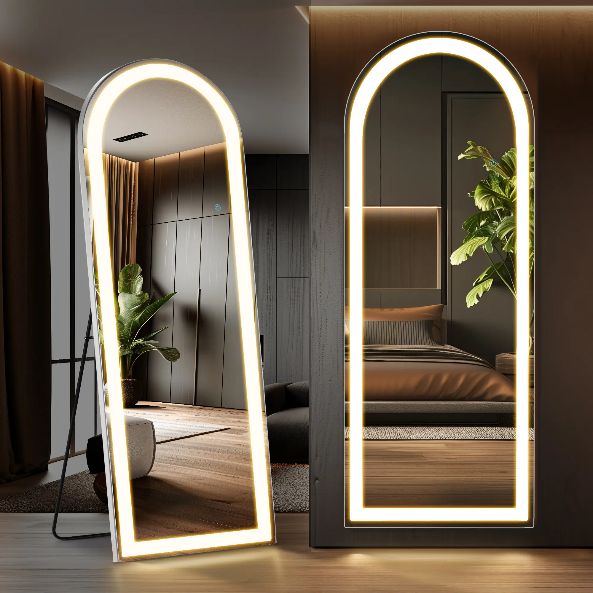 Espejo de piso completo con LED, luz regulable y 3 colores, marco delgado de aluminio