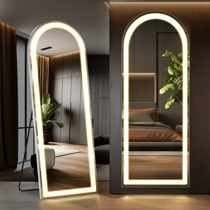 Espejo de piso completo con LED, luz regulable y 3 colores, marco delgado de aluminio