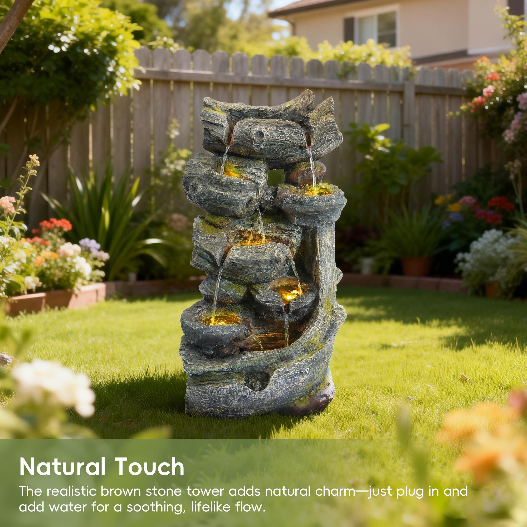SOLVYA 7-Tier Cascading Outdoor Water Fountain with LED Lights, 23.6" H/37.2" H Moss Wood-Look Water Feature for Garden Patio Yard Decor