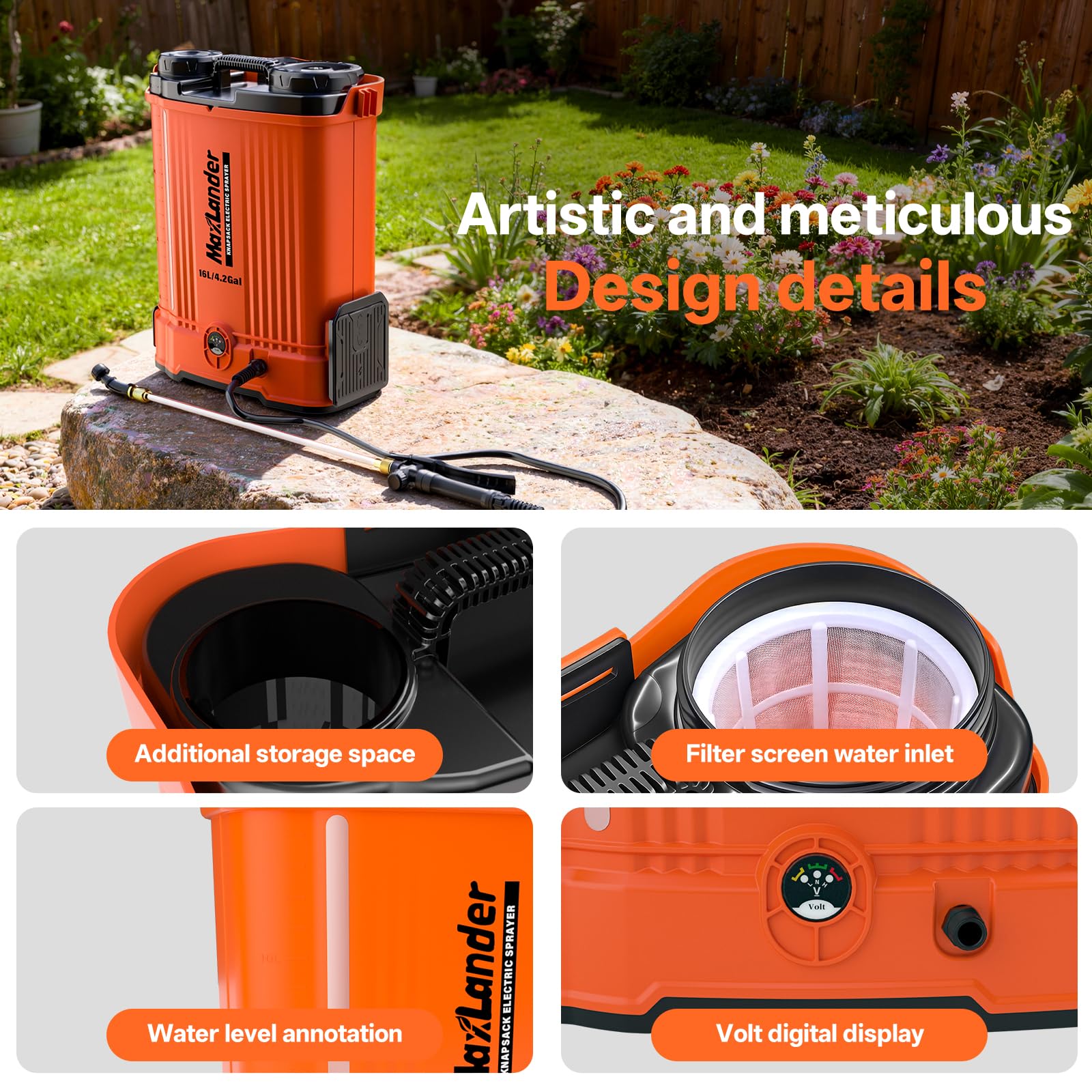 Maxlander Battery Powered Backpack Sprayer 4.2 Gallon, Electric Graden Sprayer Works with 2 x 20V 2.0Ah Battery, 90 PSI Adjustable Pressure Sprayer with 6 Spray Nozzles electric sprayer