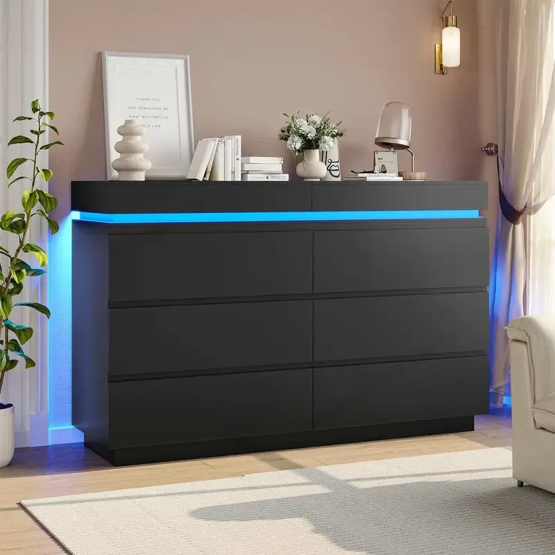 Cómoda Moderna 6 Cajones con Tablero Deslizante, LED y Carga Integrada