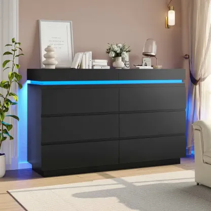 Cómoda Moderna 6 Cajones con Tablero Deslizante, LED y Carga Integrada