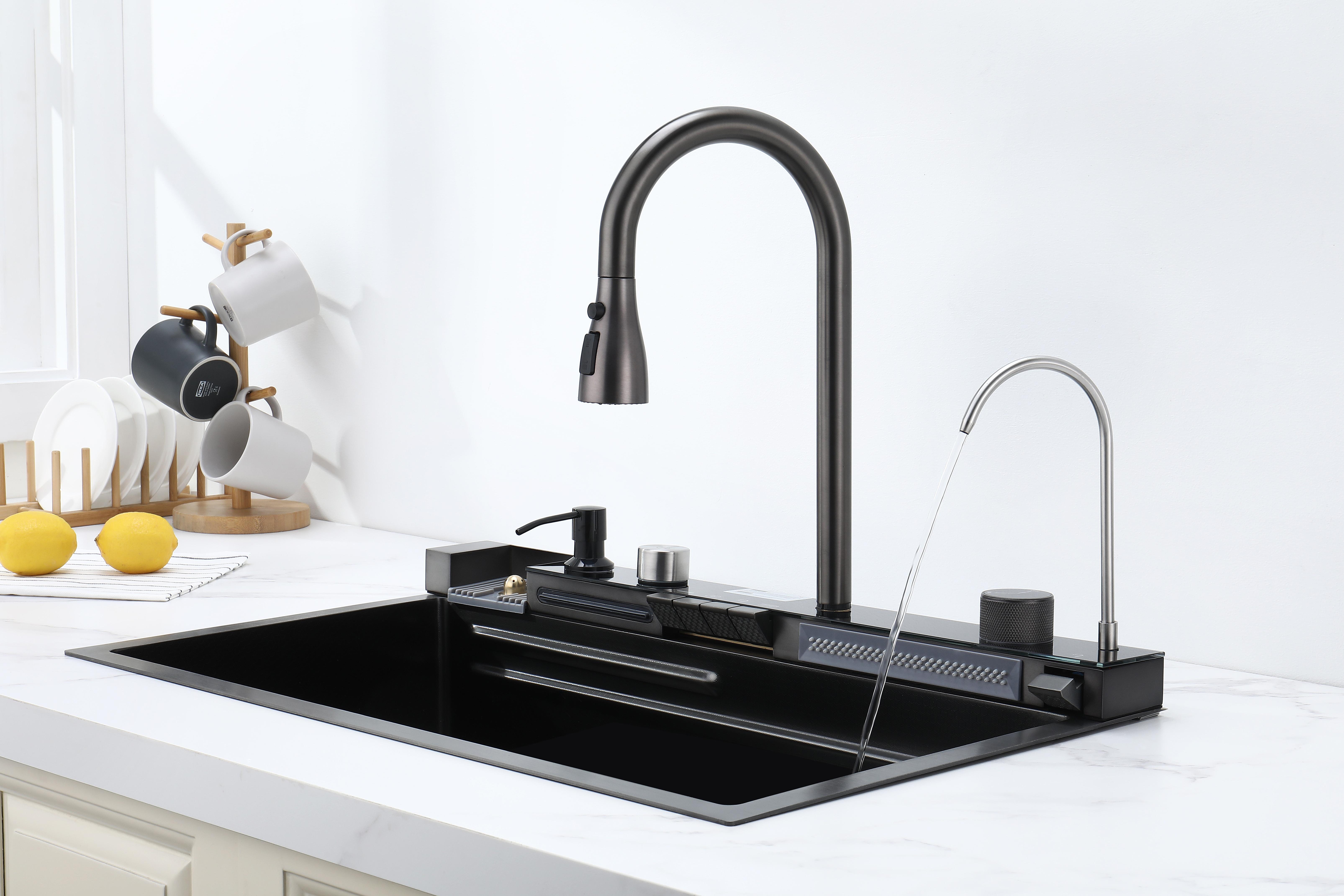 30-Inch Stainless Steel Smart Workstation Kitchen Sink Complete Kit with Kitchen Sink Accessories, Digital Display, Water-Powered Piano Key Control, Energy-Efficient Multi-Mode Pull-Out Faucet, Honeycomb Coating, Cup Washer, US Garbage Disposal Compatible