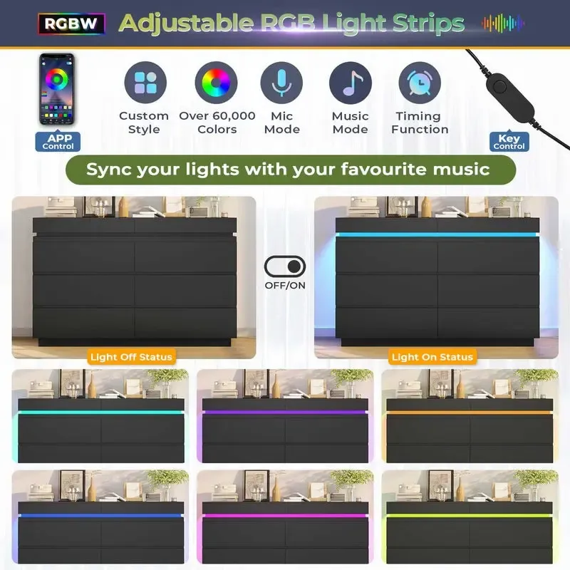 Cómoda Moderna 6 Cajones con Tablero Deslizante, LED y Carga Integrada