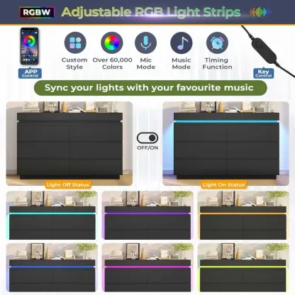 Cómoda Moderna 6 Cajones con Tablero Deslizante, LED y Carga Integrada