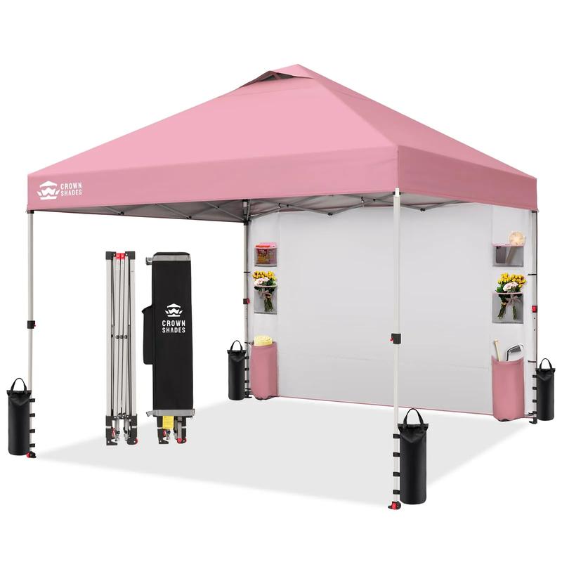 CROWN SHADES - Carpa plegable tipo toldo de 10x10 pies: sombra ventilada para exteriores y patio con pared lateral con bolsillos, montaje por una sola persona con botón de bloqueo central, refugio solar compacto y portátil para la playa.