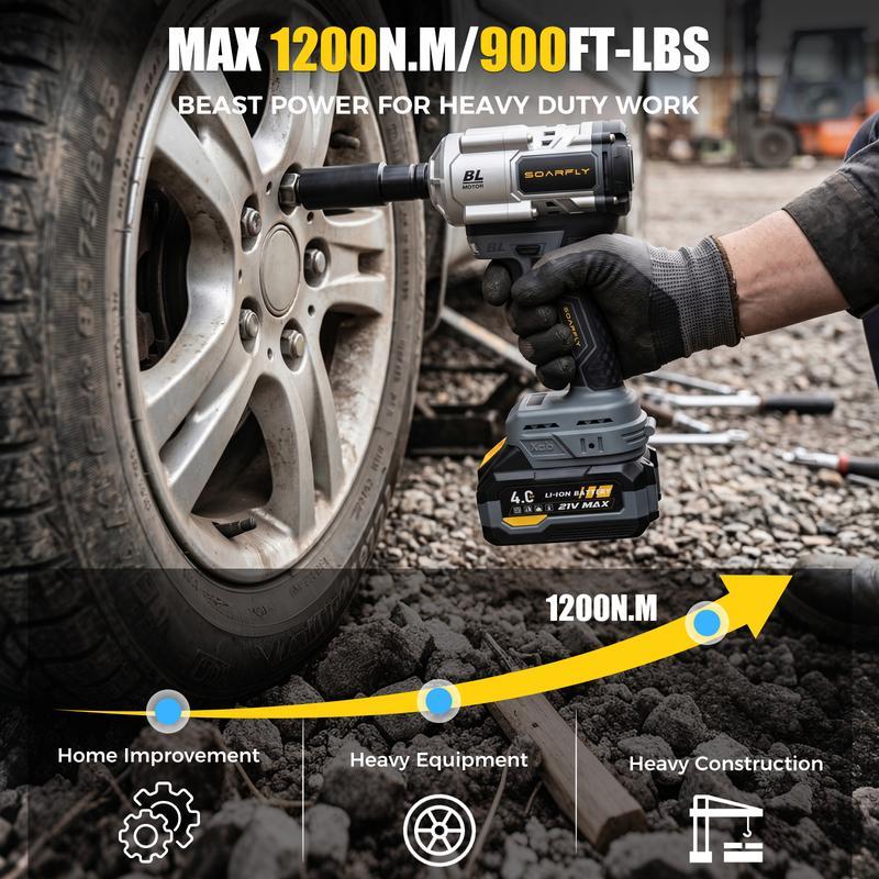 【Alto par de 1200 N·m + Batería doble】 Llave de impacto SOARFLY de 1200 N·m, 2 baterías de 4,0 Ah, cargador rápido, 3000 RPM, 5 vasos y 1 barra de extensión; herramienta eléctrica recargable de alto par para automóviles y camiones.