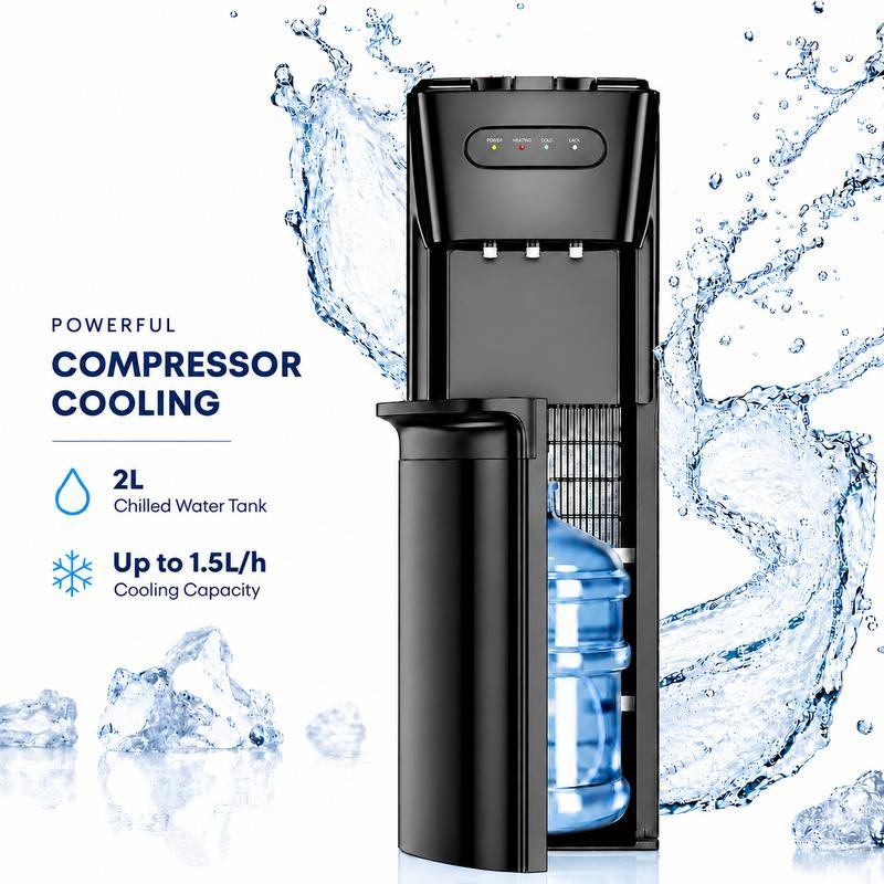 Dispensador de agua MANASTIN de carga inferior (con cable): compatible con botellas de 3 o 5 galones, funciones de calentamiento y enfriamiento (refrigeración por compresor), 3 temperaturas (caliente, fría y ambiente), bloqueo de seguridad para niños, ale