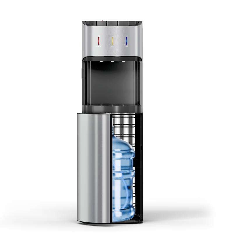 Dispensador de agua MANASTIN de carga inferior (con cable): compatible con botellas de 3 o 5 galones, funciones de calentamiento y enfriamiento (refrigeración por compresor), 3 temperaturas (caliente, fría y ambiente), bloqueo de seguridad para niños, ale