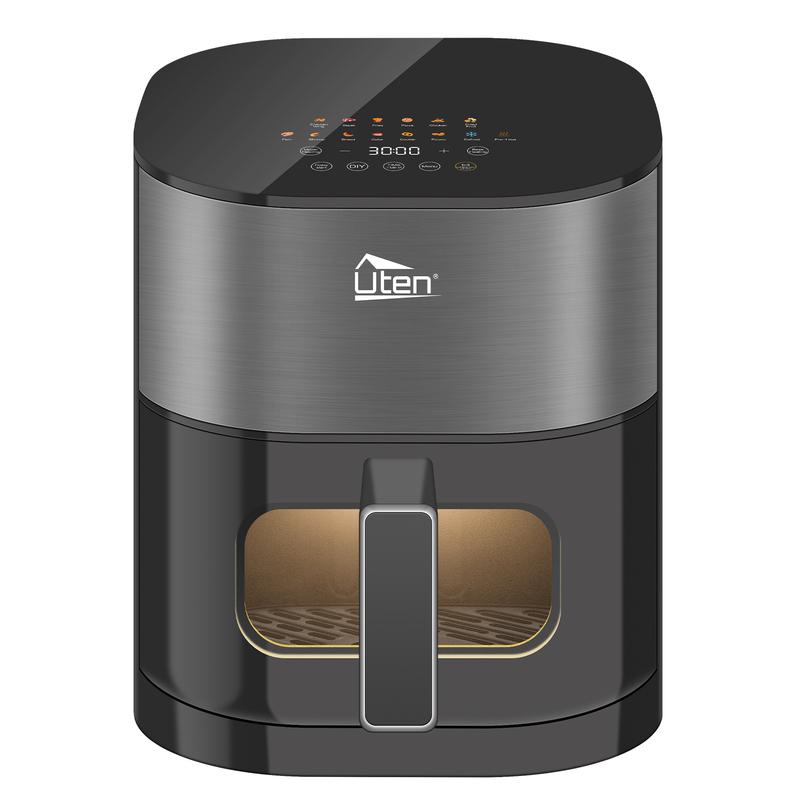 Uten Dual Blaze freidora de aire 5,5 L con ventana de visualización, pantalla a color, 14 programas, inicio retrasado, red de aceite resistente al óxido, 2 fuentes de calor controlables individualmente, sin voltear los alimentos, ahorradora de energía