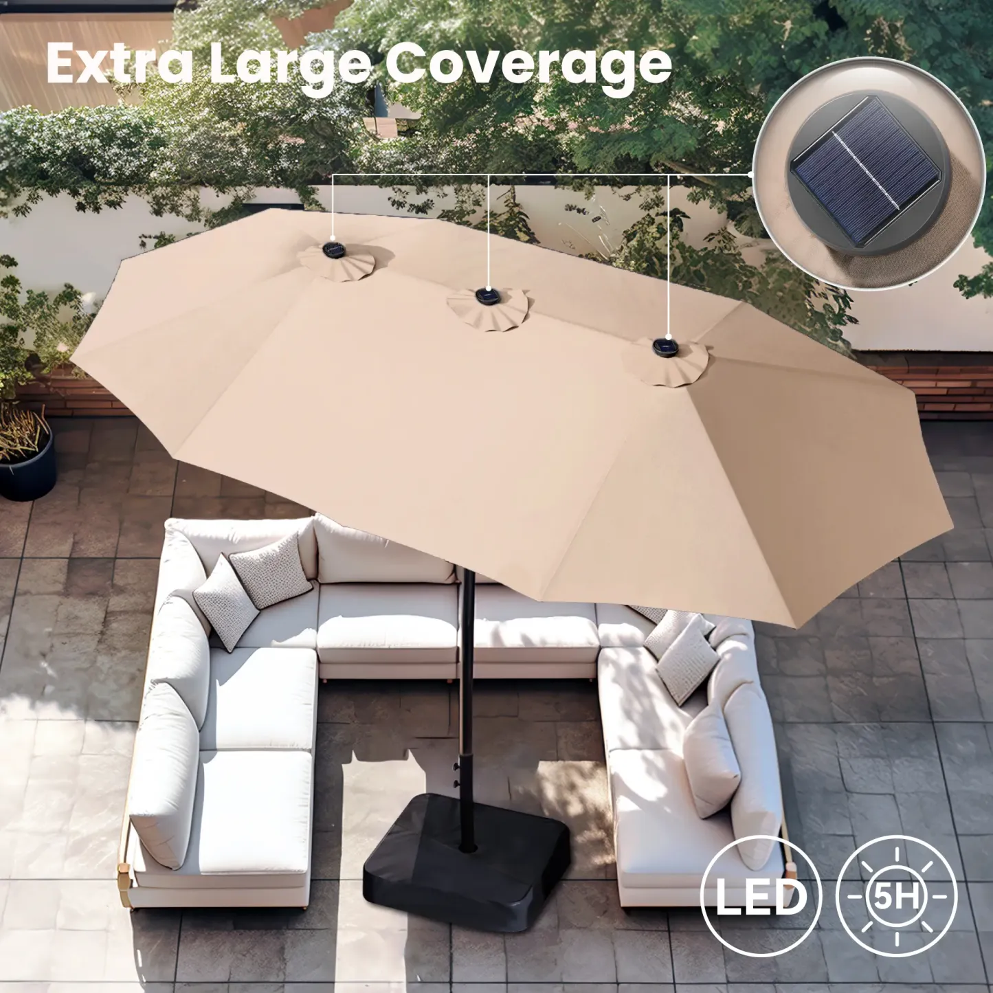 Sombrilla Doble para Patio 4.6 m con Base y LED Solar
