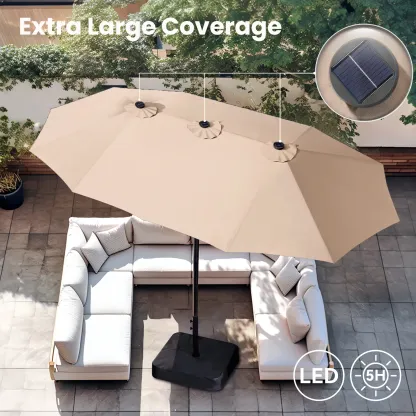 Sombrilla Doble para Patio 4.6 m con Base y LED Solar
