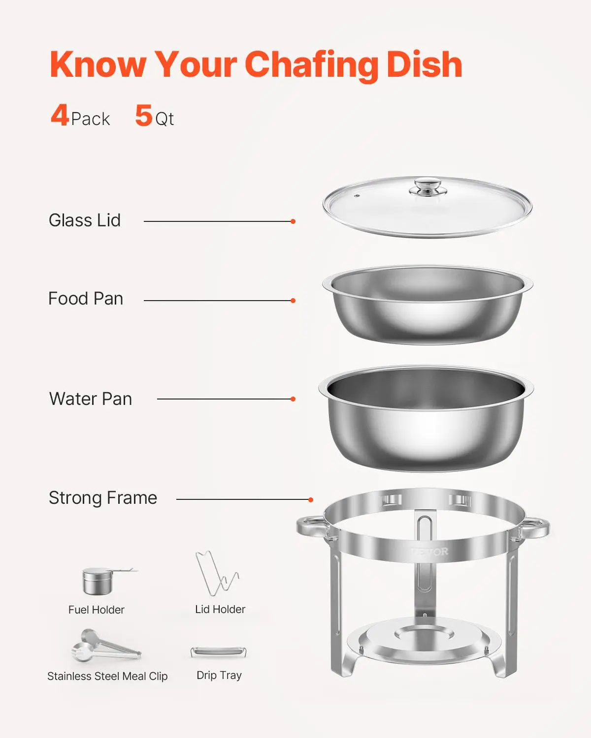 Juego de 4 Chafers Redondos 5 Qt con Tapa de Vidrio de Acero Inoxidable