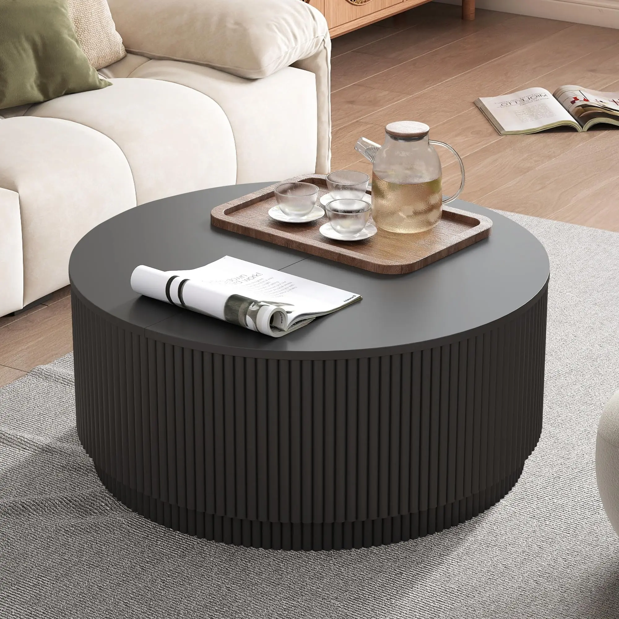 Mesa de Centro Redonda 80 cm con Almacenamiento Oculto