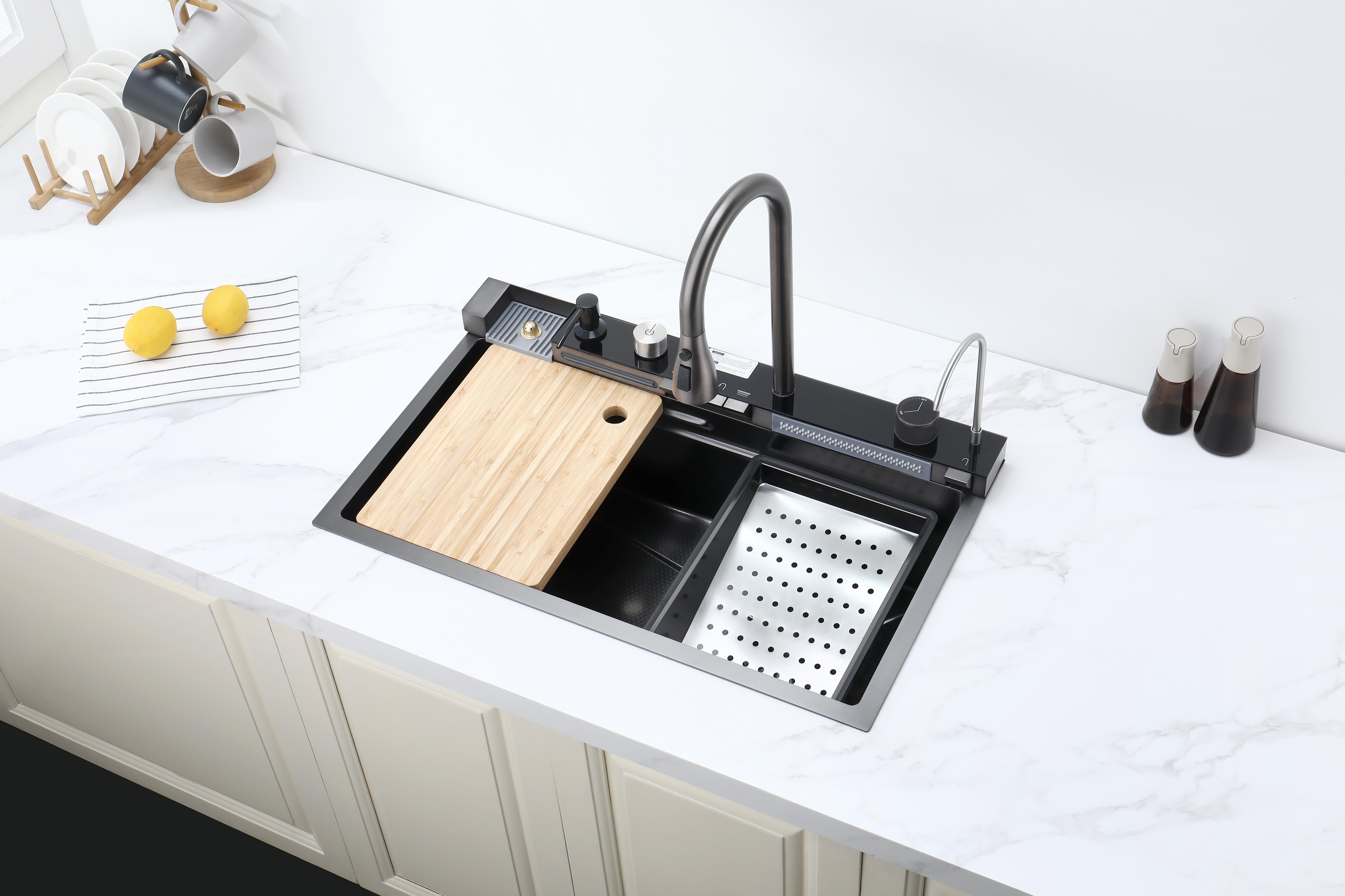 30-Inch Stainless Steel Smart Workstation Kitchen Sink Complete Kit with Kitchen Sink Accessories, Digital Display, Water-Powered Piano Key Control, Energy-Efficient Multi-Mode Pull-Out Faucet, Honeycomb Coating, Cup Washer, US Garbage Disposal Compatible