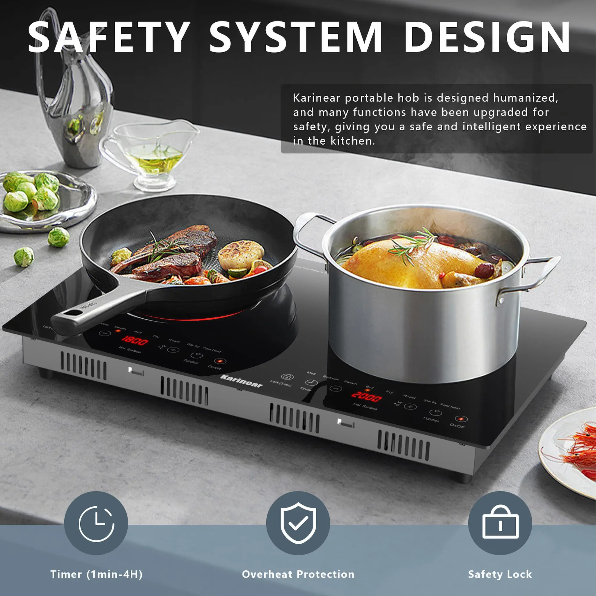 Karinear 2-Burner Multifunction Portable Electric Cooktop - Sensor Touch Control Electric Stove with Child Safety Lock, Timer, Over-Temperature Protection for Kitchen Household Use
