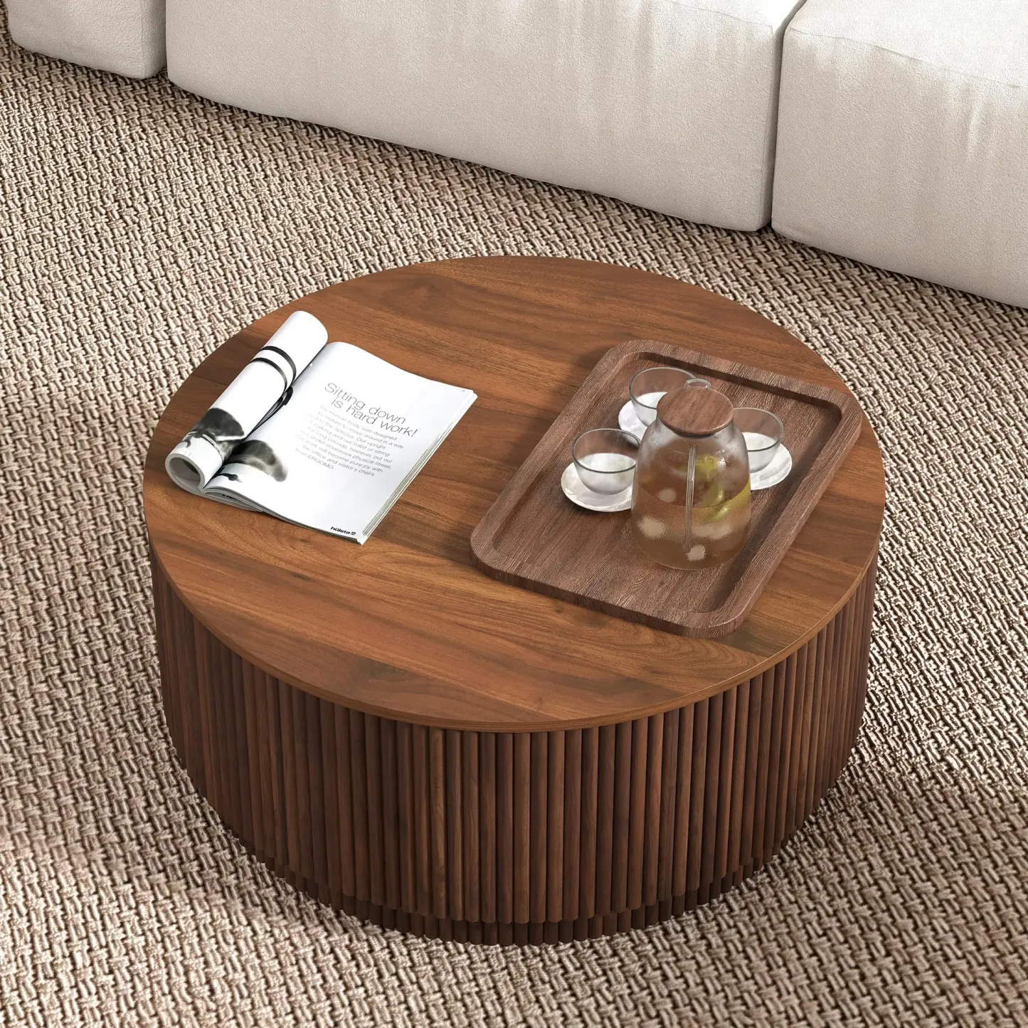 Mesa de Centro Redonda 80 cm con Almacenamiento Oculto