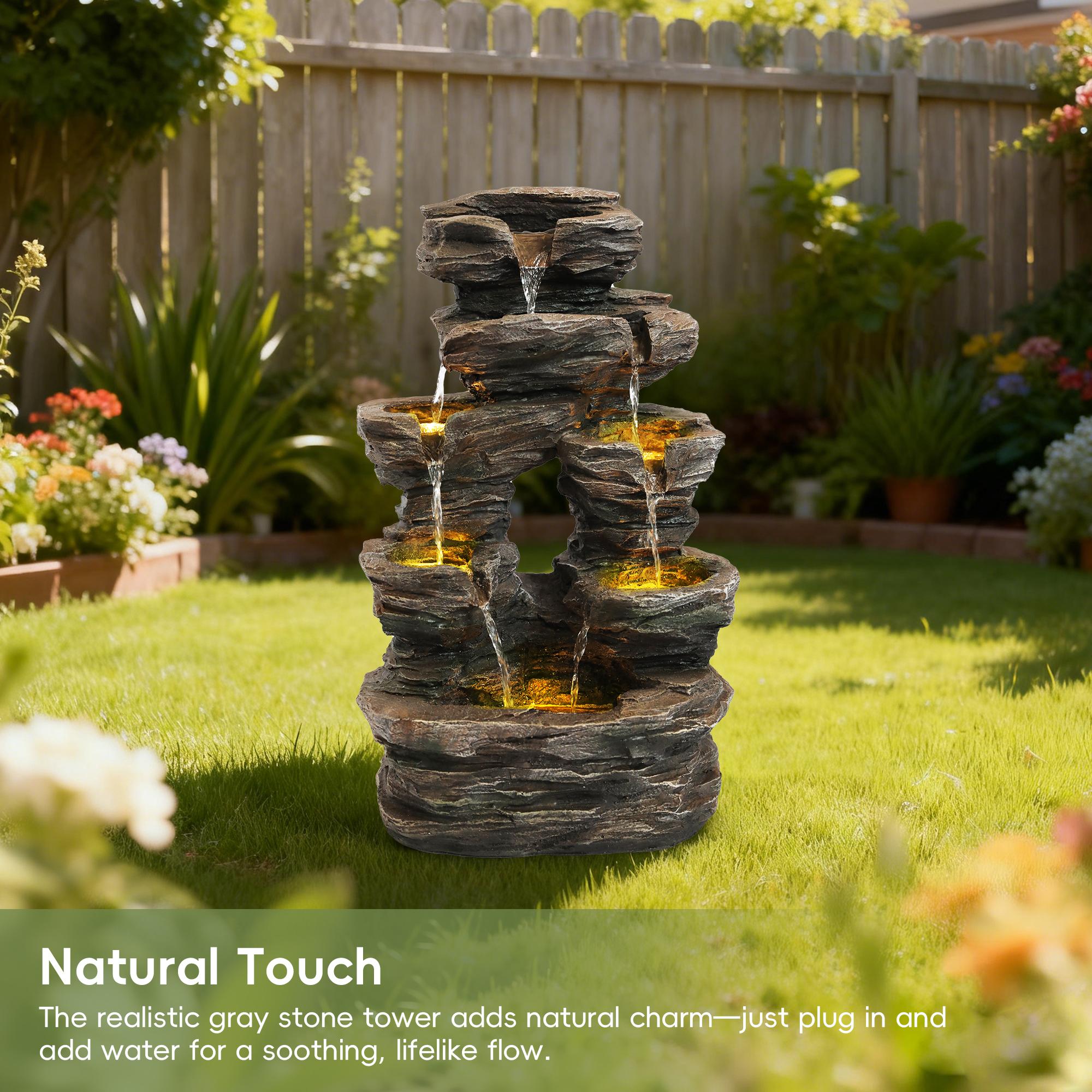 SOLVYA 7-Tier Cascading Outdoor Water Fountain with LED Lights, 23.6" H/37.2" H Moss Wood-Look Water Feature for Garden Patio Yard Decor