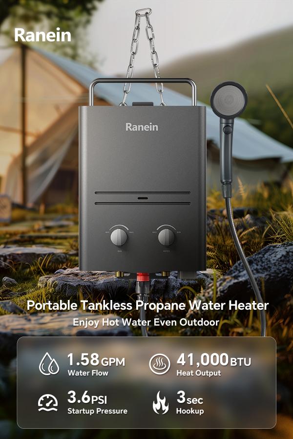 Ranein Tankless Water Heater Outdoor, 1.58 GPM Portable Propane Camping Water Heater, 6L, RO4KY, Grey Ranein Tankless Water Heater Outdoor, 1.58 GPM Portable Propane Camping Water Heater, 6L, RO4KY, Grey