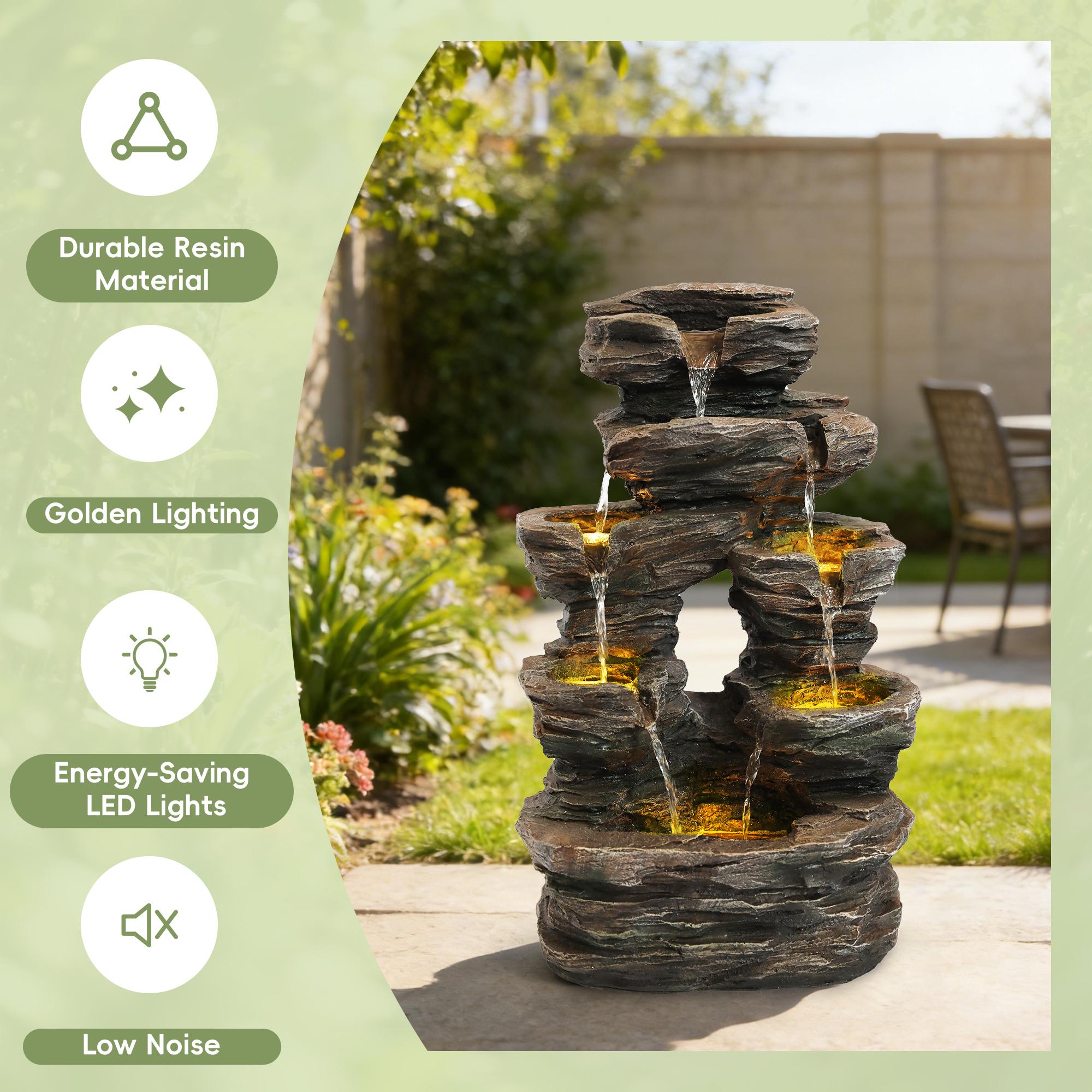 SOLVYA 7-Tier Cascading Outdoor Water Fountain with LED Lights, 23.6" H/37.2" H Moss Wood-Look Water Feature for Garden Patio Yard Decor