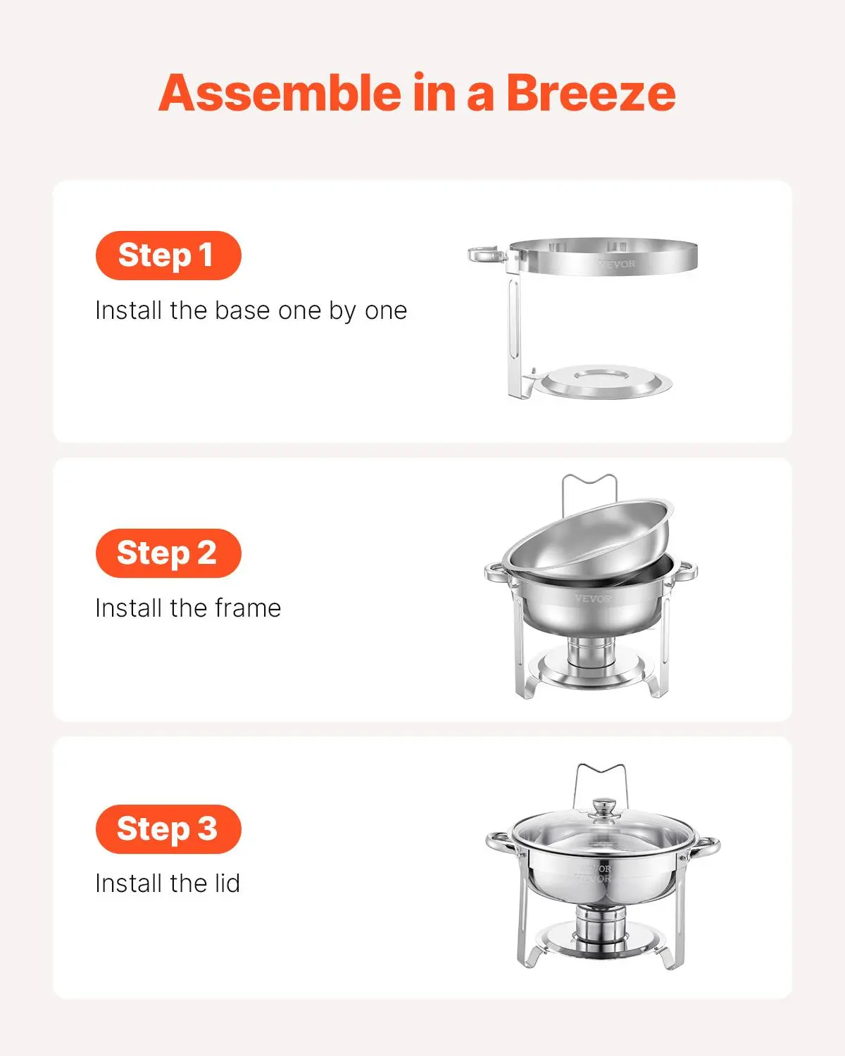 Juego de 4 Chafers Redondos 5 Qt con Tapa de Vidrio de Acero Inoxidable