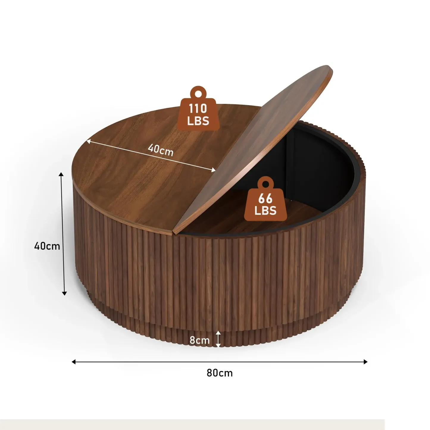 Mesa de Centro Redonda 80 cm con Almacenamiento Oculto