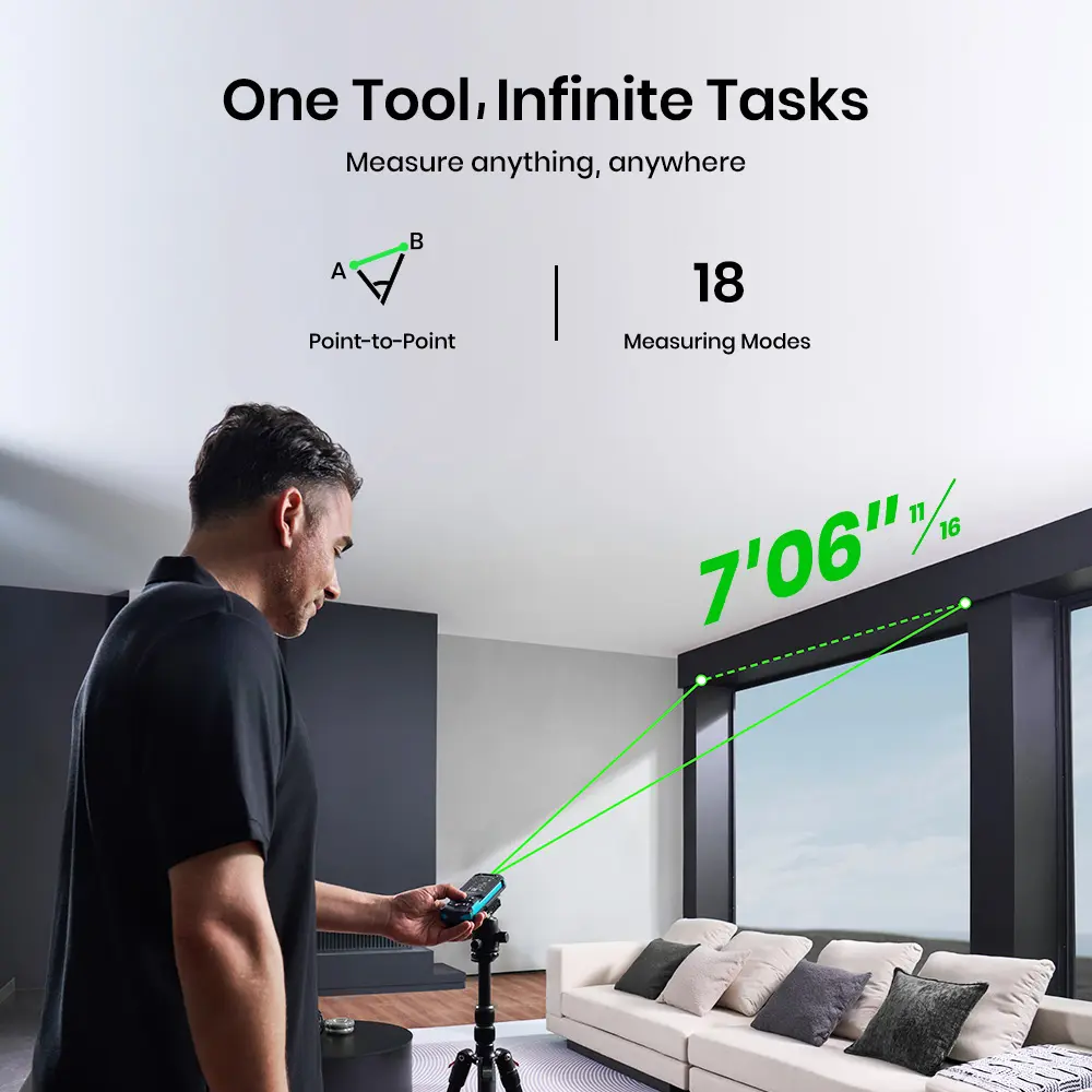 Medidor Láser de Distancia 120 m Recargable con Bluetooth y Láser Verde IPS 2.4"