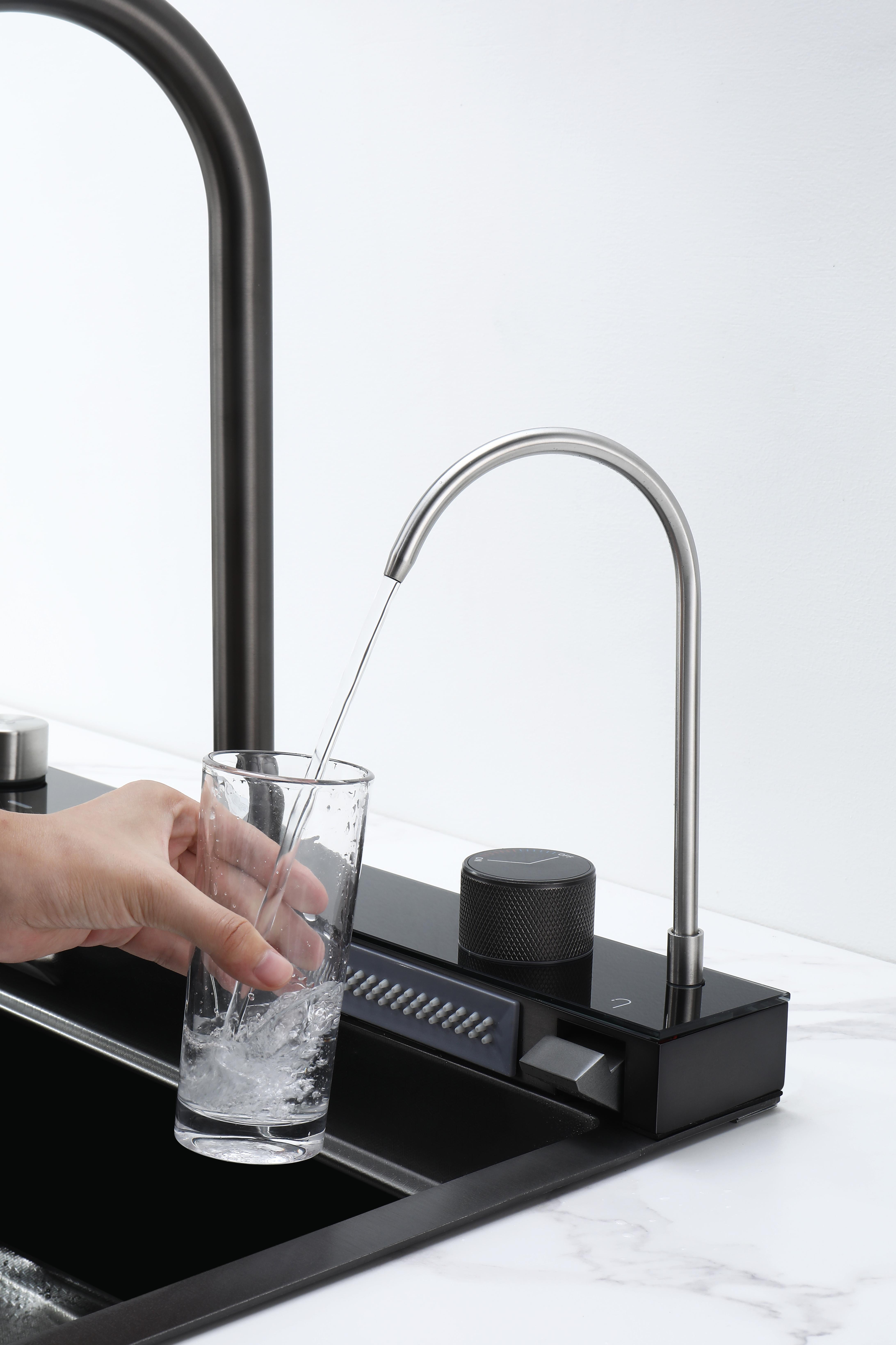 30-Inch Stainless Steel Smart Workstation Kitchen Sink Complete Kit with Kitchen Sink Accessories, Digital Display, Water-Powered Piano Key Control, Energy-Efficient Multi-Mode Pull-Out Faucet, Honeycomb Coating, Cup Washer, US Garbage Disposal Compatible