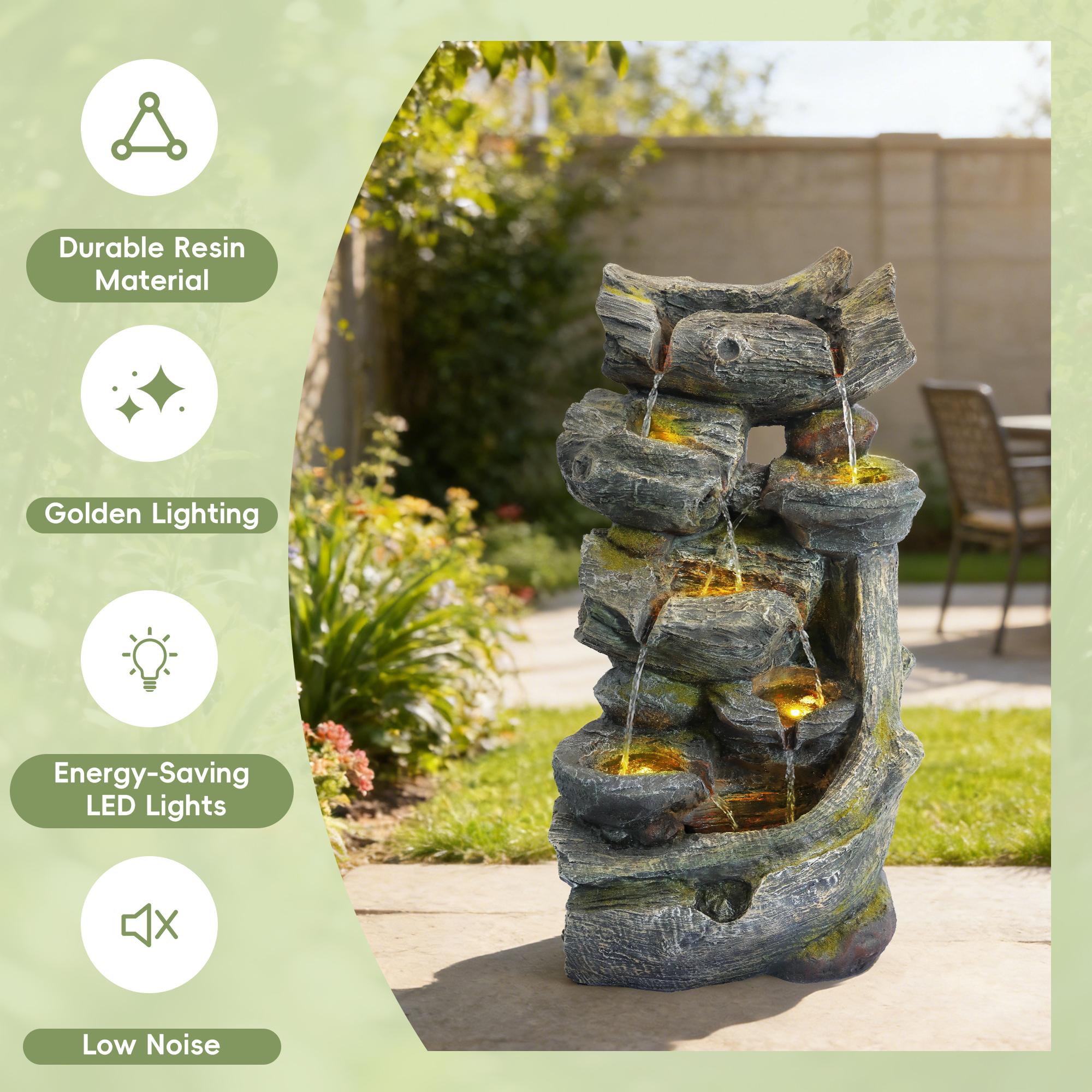 SOLVYA 7-Tier Cascading Outdoor Water Fountain with LED Lights, 23.6" H/37.2" H Moss Wood-Look Water Feature for Garden Patio Yard Decor