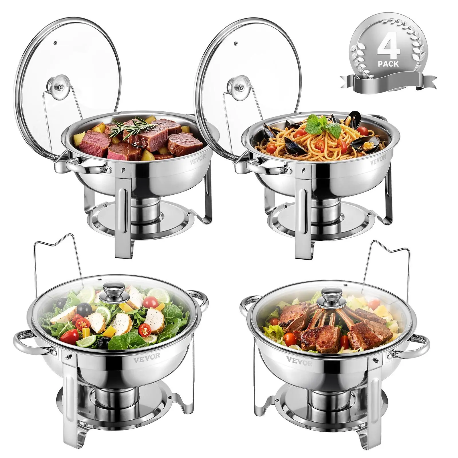 Juego de 4 Chafers Redondos 5 Qt con Tapa de Vidrio de Acero Inoxidable
