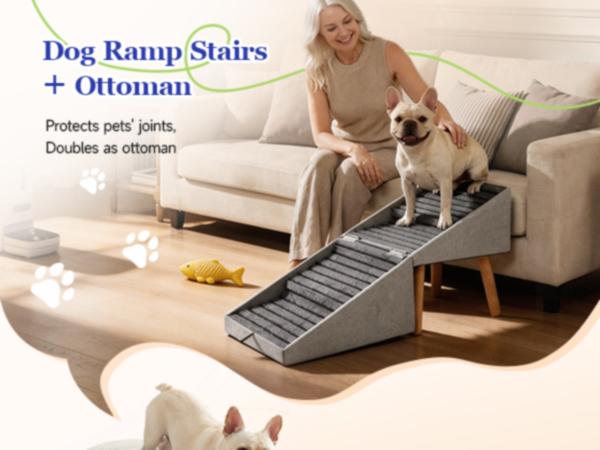 17'' Dog Stairs Ramp for Couch | Wooden Ottoman Ramp for Sofa or Short Bed | for Senior,Small, Medium Dogs, Dachshund | 2-in-1 Convertible Home Step Stool with Wood Foot