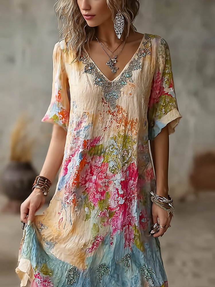 Bohemian Oil Painting Style Floral Pattern Casual Linen Dress
