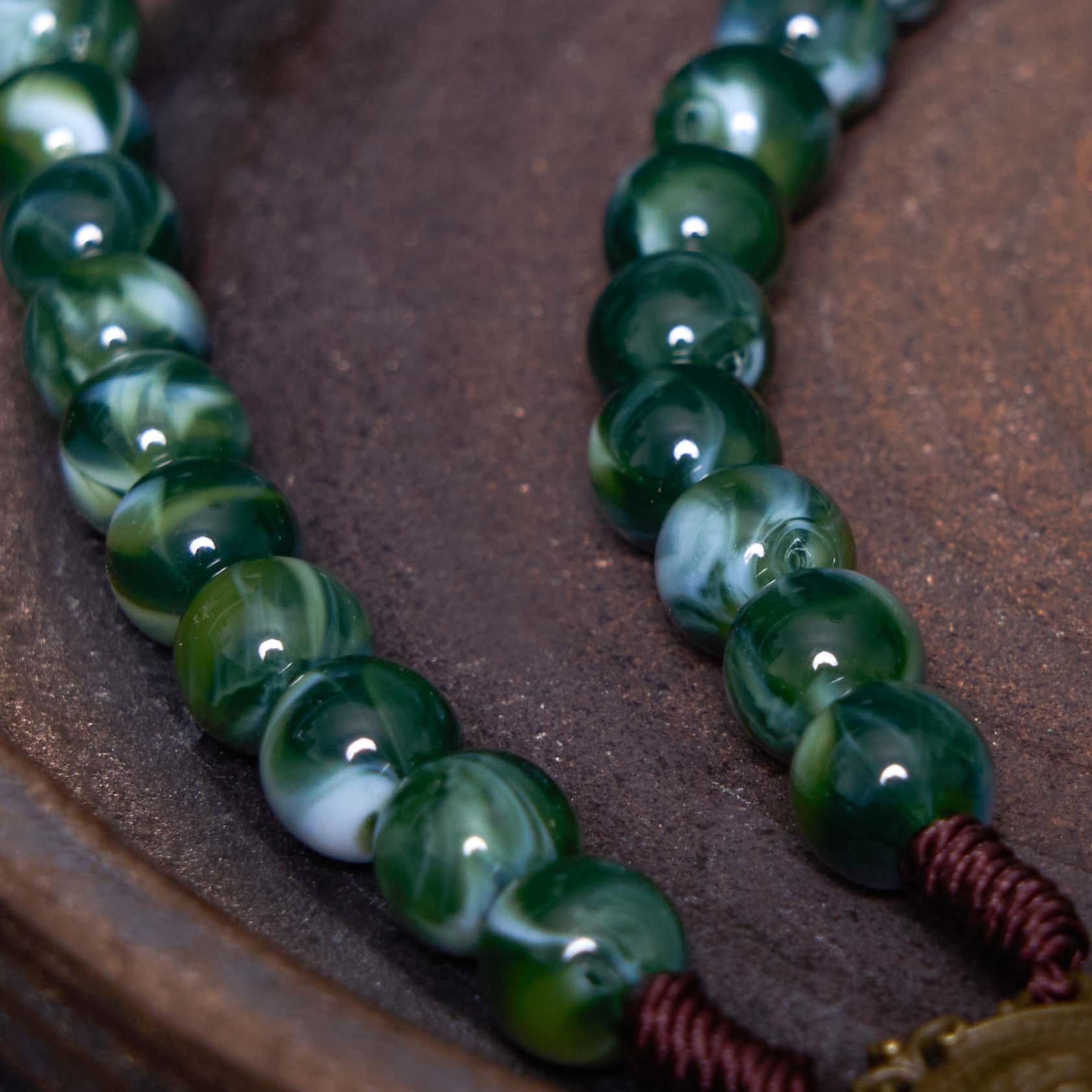 Our Lady of Guadalupe & Crucifix of 10 mm Round Green Agate Nylon Cord Rosary