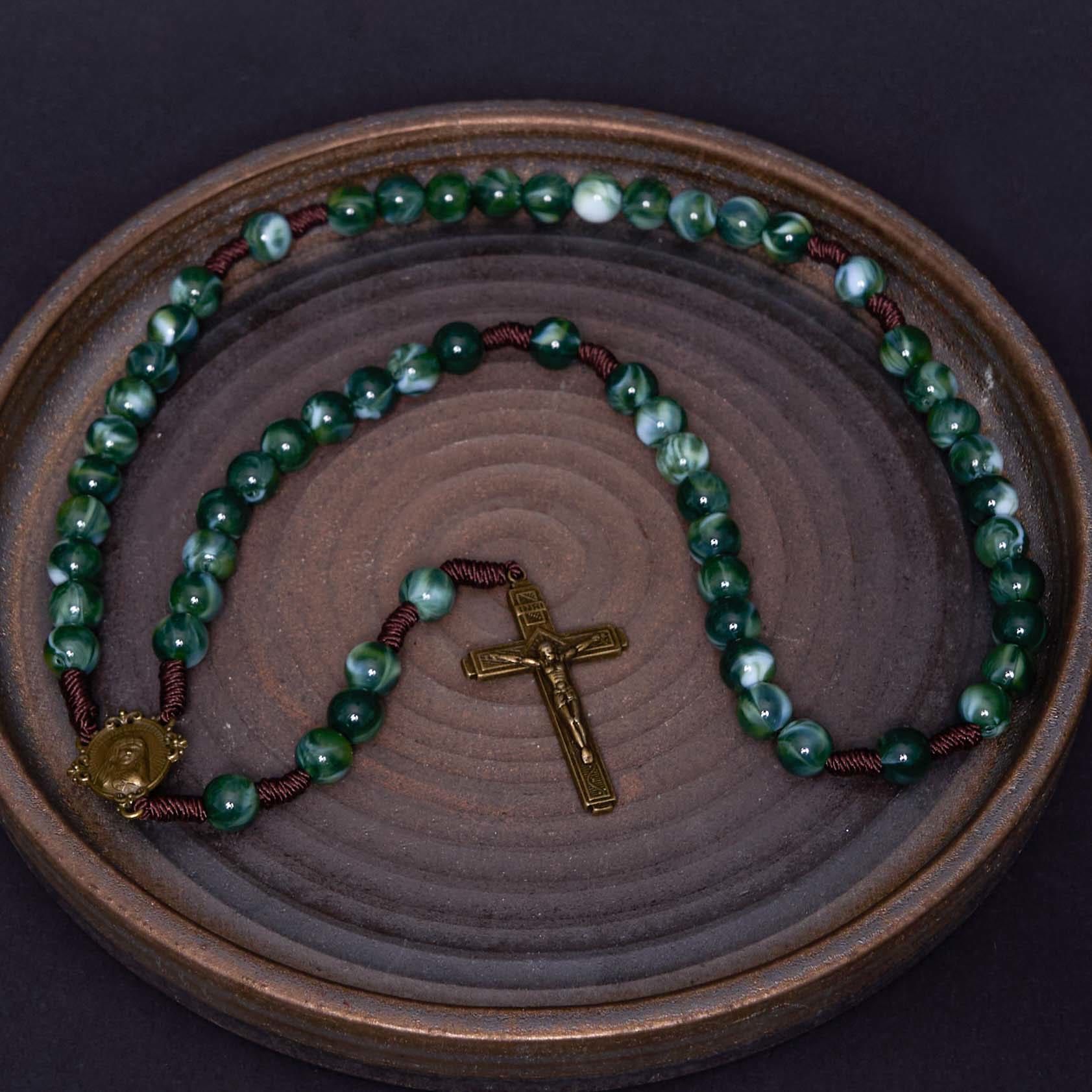 Our Lady of Guadalupe & Crucifix of 10 mm Round Green Agate Nylon Cord Rosary